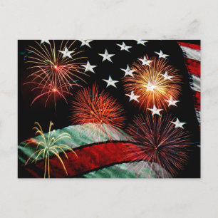Amerikanische Flagge und Feuerwerk Postkarte