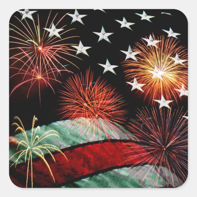 Amerikanische Flagge und Feuerwerk Quadratischer Aufkleber (Vorderseite)