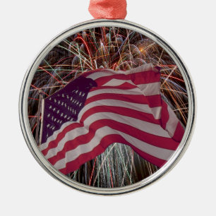 Amerikanische Flagge und Feuerwerke Silbernes Ornament