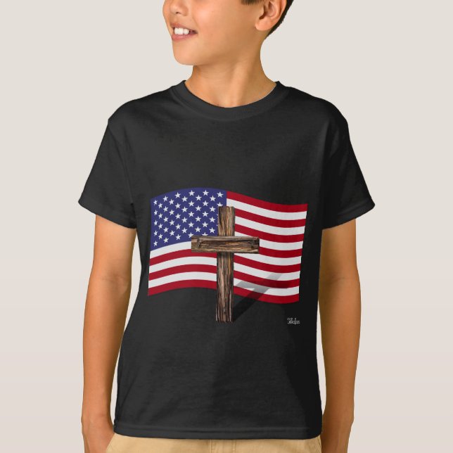 Amerikanische Flagge und geruhtes Kreuz T-Shirt (Vorderseite)