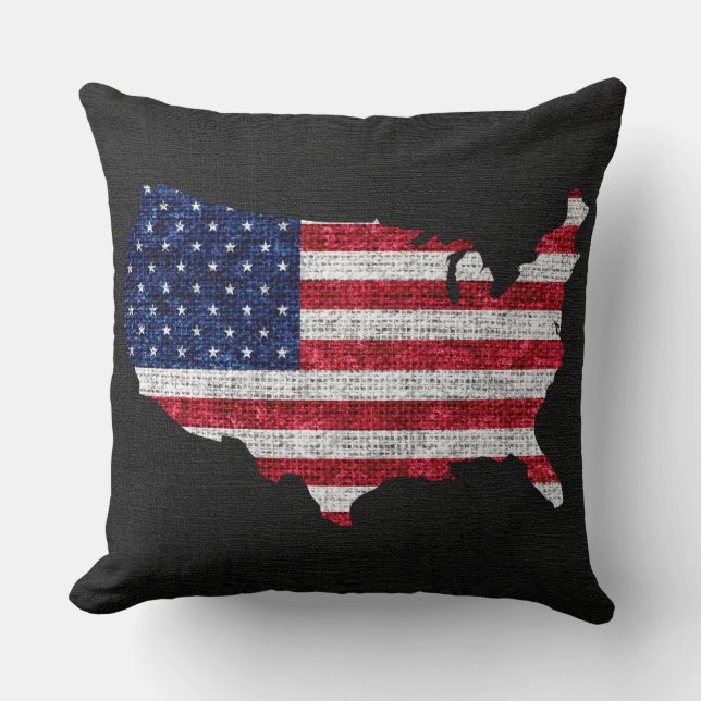 Amerikanische Flagge und Karte Burlap Linen Rustic Kissen (Vorderseite)