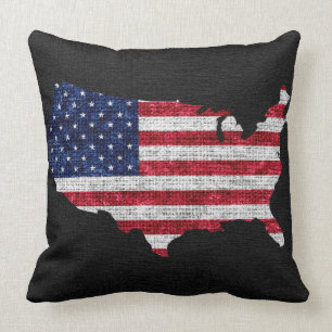 Amerikanische Flagge und Karte Burlap Linen Rustic Kissen