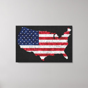 Amerikanische Flagge und Karte Burlap Linen Rustic Leinwanddruck