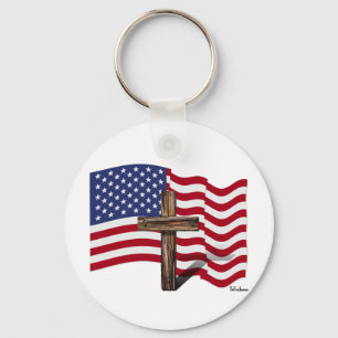 Amerikanische Flagge weht und raues Kreuz Schlüsselanhänger
