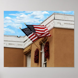 Amerikanische Flaggen mit Albuquerque Adobe Poster