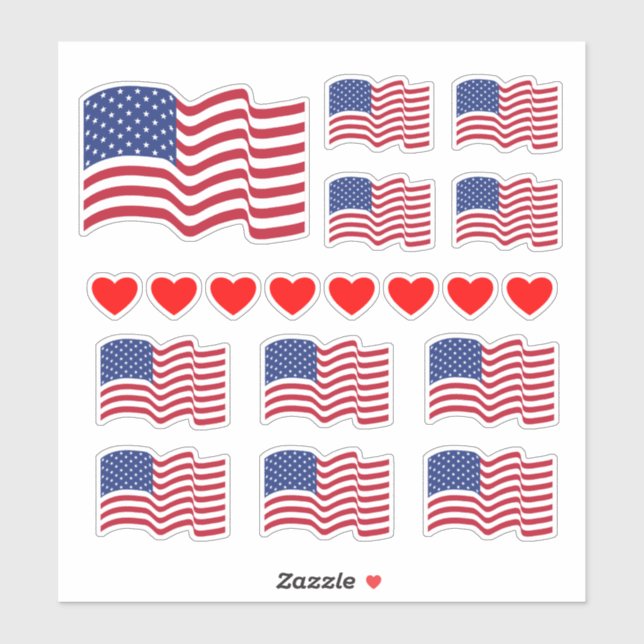 Amerikanische Flaggen und Herz-Stickers Aufkleber (Blatt)