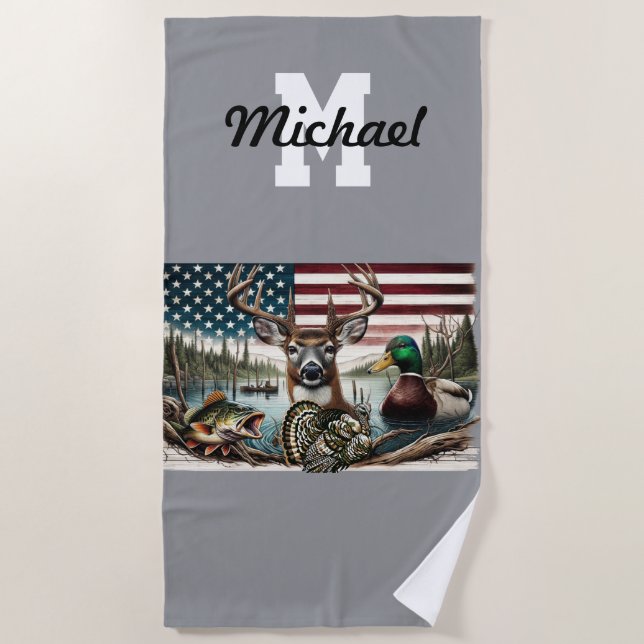 Amerikanische Flaggenjagd und Fischerei Strandtuch (Vorderseite)
