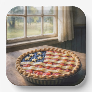 Amerikanische Flaggenkruste auf Erdbeerkuchen Pappteller