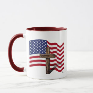 Amerikanische Flaggenwinde und geruchtes Kreuz Tasse