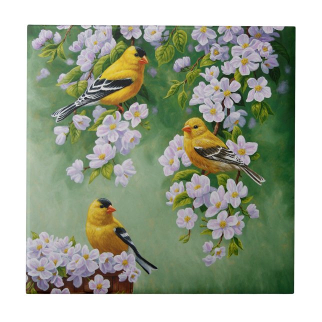 Amerikanische Goldfinken und rosa Apple-Blüten Fliese (Vorderseite)
