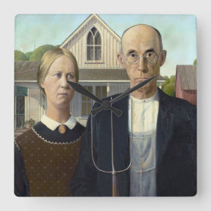 Amerikanische gotische Malerei von Grant Wood Quadratische Wanduhr