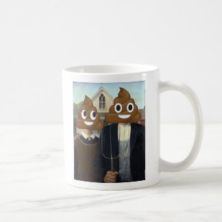 Amerikanische gotische mit glücklichem kacken kaffeetasse
