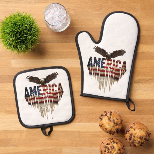 Amerikanische Grunge-Fahne und Adler Ofenhandschuh & Topflappen-Set (Oben Unten)