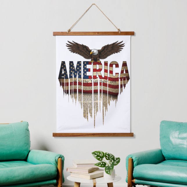 Amerikanische Grunge-Fahne und Adler Wandteppich Mit Holzrahmen (Wohnzimmer)
