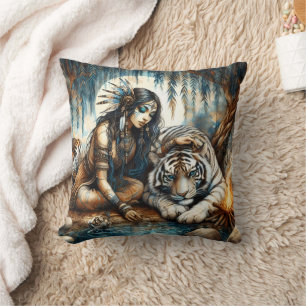 Amerikanische Indianerin mit Tiger in der Natur Kissen