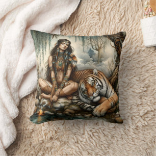 Amerikanische Indianerin sitzt von Tiger am Fluss Kissen