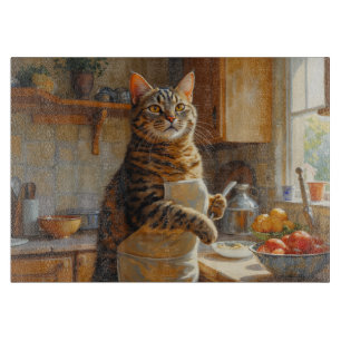 Amerikanische Kurzhaar-Katze kocht in der Küche Schneidebrett