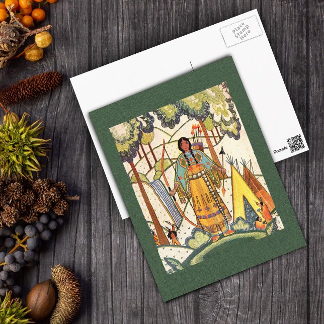Amerikanische Muttergesellschaft PostCard Postkarte (Native American woman traditional dress tee pee forest on green post card.)