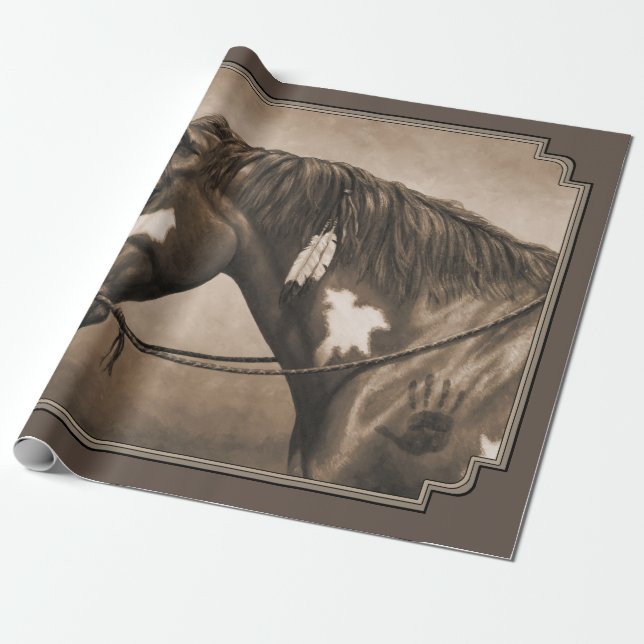 Amerikanische Pinto-Kriegspferde in Sepia Geschenkpapier (Ungerollt)