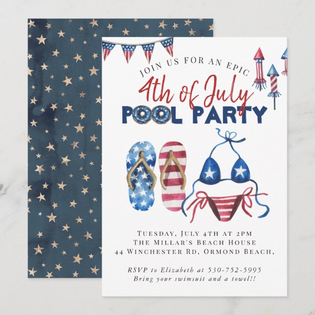 Amerikanische Unabhängigkeitstag Pool Party Einladung (Vorne/Hinten)