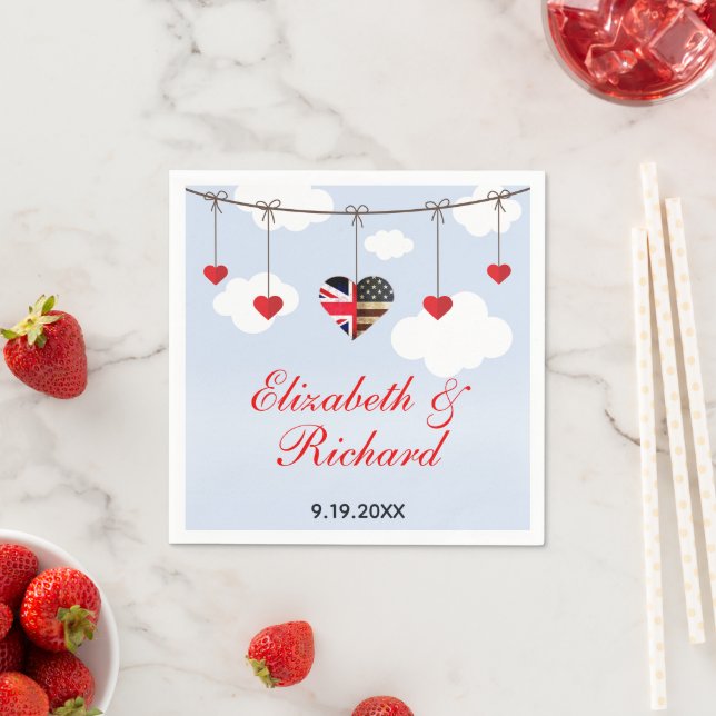Amerikanische und britische Flaggen Hearts Wedding Serviette (Beispiel)