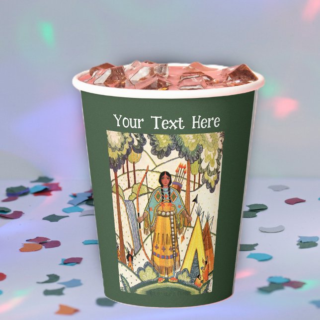 Amerikanische Ureinwohner bestickt Textilienwald g Pappbecher (American Indian female in forest by tepee trees on dark green paper party cup.)