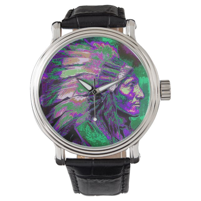 Amerikanische Ureinwohner Chief 3 (Grafikfarben) Armbanduhr (Vorderseite)