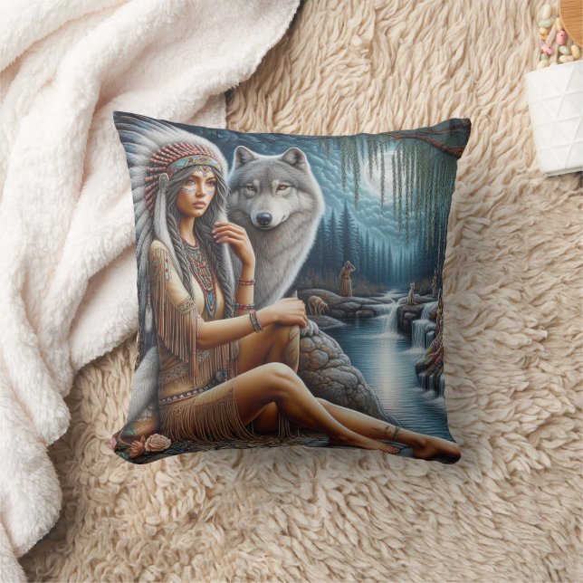 Amerikanische Ureinwohner, die am Fluss mit Wolf s Kissen (Decke)