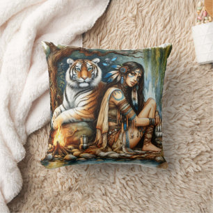 Amerikanische Ureinwohner, die mit Tiger am Fluss  Kissen
