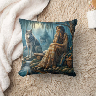 Amerikanische Ureinwohner, die mit Wolf stream sit Kissen
