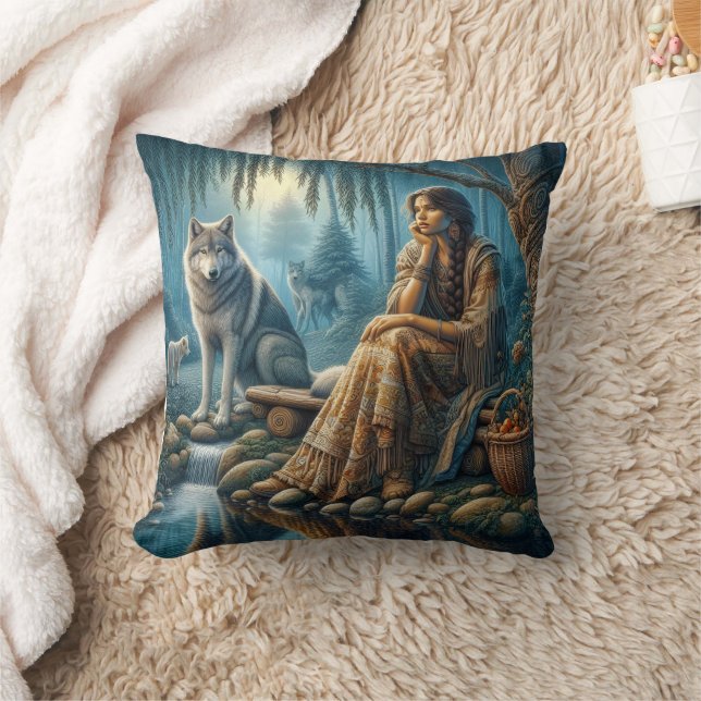 Amerikanische Ureinwohner, die mit Wolf stream sit Kissen (Decke)