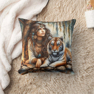 Amerikanische Ureinwohner, die sich mit Tiger durc Kissen