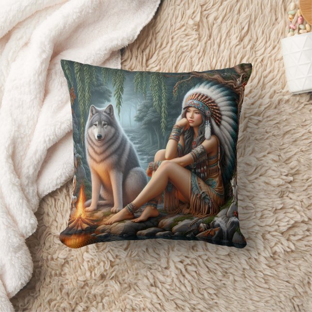 Amerikanische Ureinwohner, die von einem Wolf sitz Kissen (Decke)