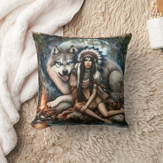 Amerikanische Ureinwohner, die von einem Wolfskami Kissen (Decke)