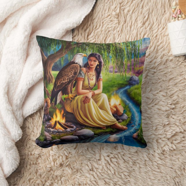 Amerikanische Ureinwohner mit Adler durch Stream Kissen (Decke)