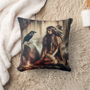 Amerikanische Ureinwohner mit Raven am Fluss sitze Kissen
