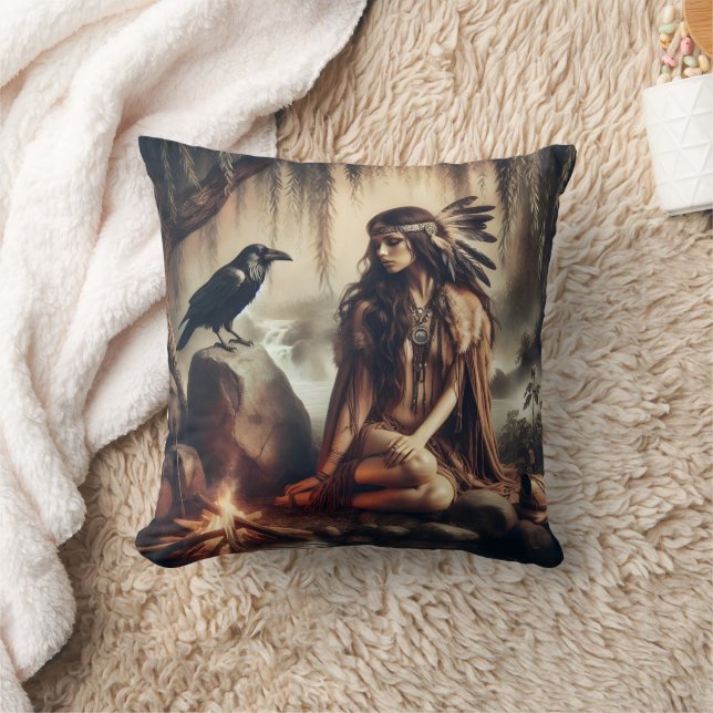 Amerikanische Ureinwohner mit Raven am Fluss sitze Kissen (Decke)
