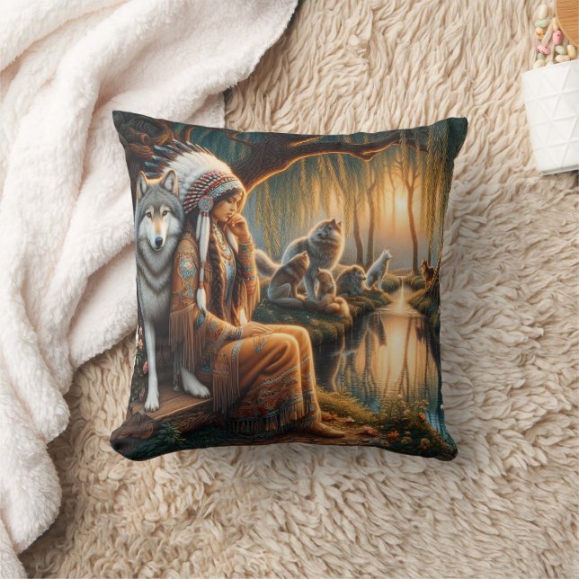 Amerikanische Ureinwohner mit Wolf am Fluss sitzen Kissen (Decke)