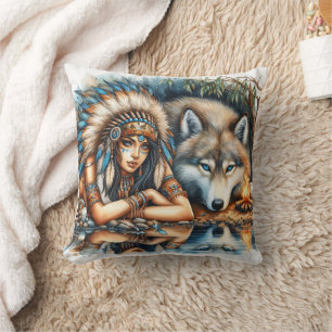 Amerikanische Ureinwohner mit Wolf aus ruhigem Was Kissen