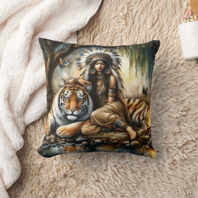 Amerikanische Ureinwohner neben einem Tiger am Flu Kissen (Decke)