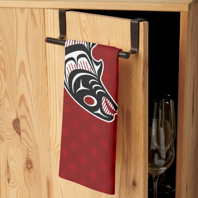 Amerikanische Ureinwohner Rot Haida Art Salmon Geschirrtuch (Drittel gefaltet)