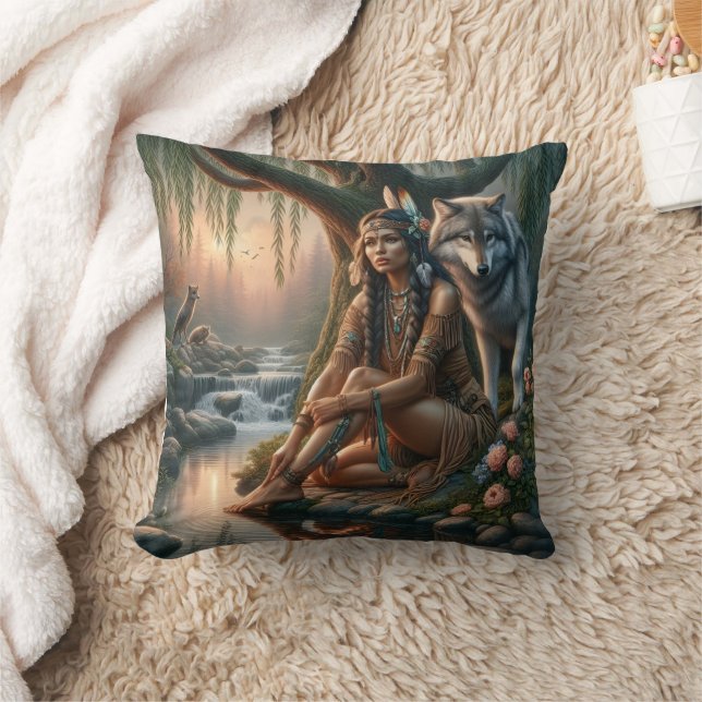 Amerikanische Ureinwohner sitzen mit Wolf durch St Kissen (Decke)