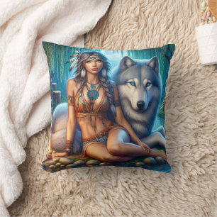 Amerikanische Ureinwohner sitzen neben einem Wolf Kissen