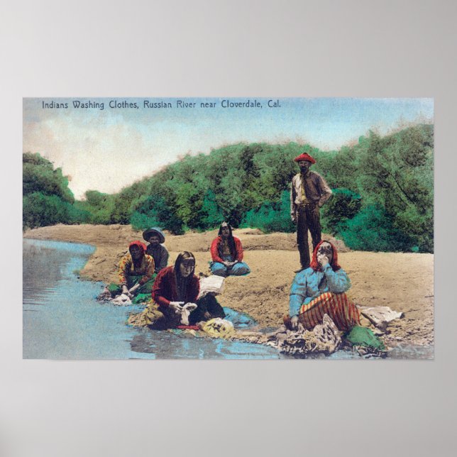 Amerikanische Ureinwohner waschen Kleidung im russ Poster (Vorne)