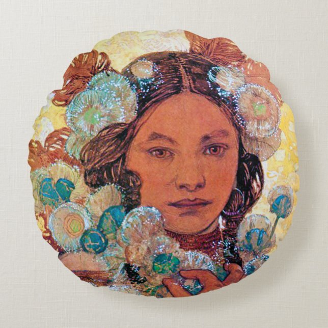 Amerikanische Ureinwohnerin, Alphonse Mucha Throw  Rundes Kissen (Vorderseite)
