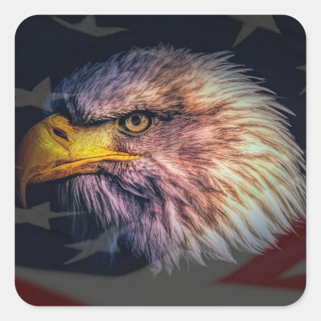 Amerikanischer Adler mit Flagge Quadratischer Aufkleber (Vorderseite)