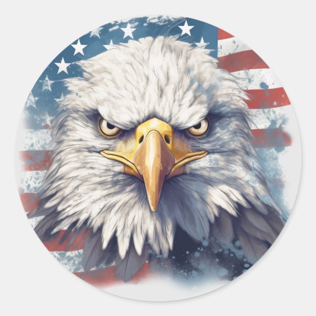 Amerikanischer Adler unter amerikanischer Flagge Runder Aufkleber (Vorderseite)
