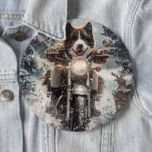 Amerikanischer Akita-Hund fährt Motorrad Weihnacht Button
