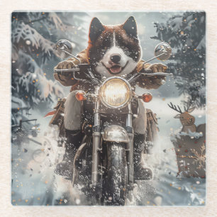 Amerikanischer Akita-Hund fährt Motorrad Weihnacht Glasuntersetzer
