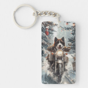 Amerikanischer Akita-Hund fährt Motorrad Weihnacht Schlüsselanhänger